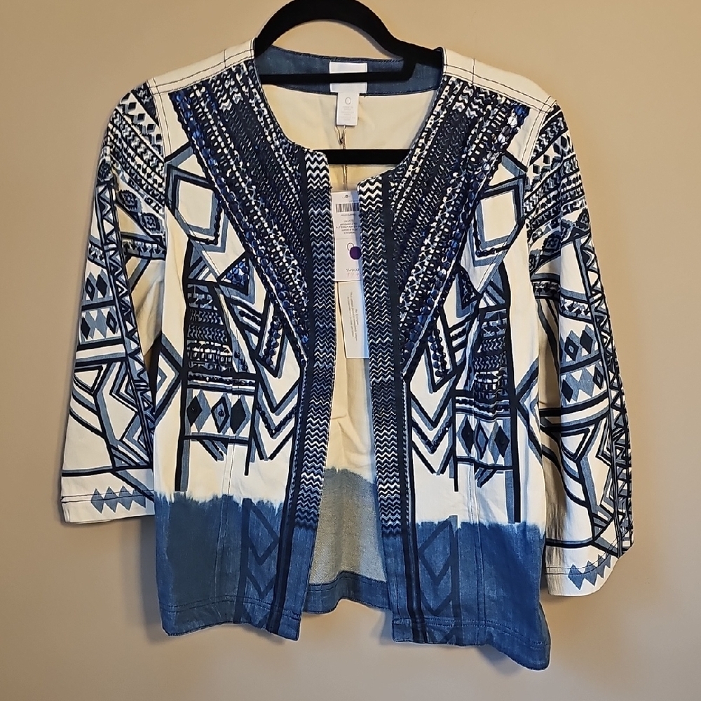 Chico's White & Blue Geometric Open-Front Denim Jacket Sequins Elevated